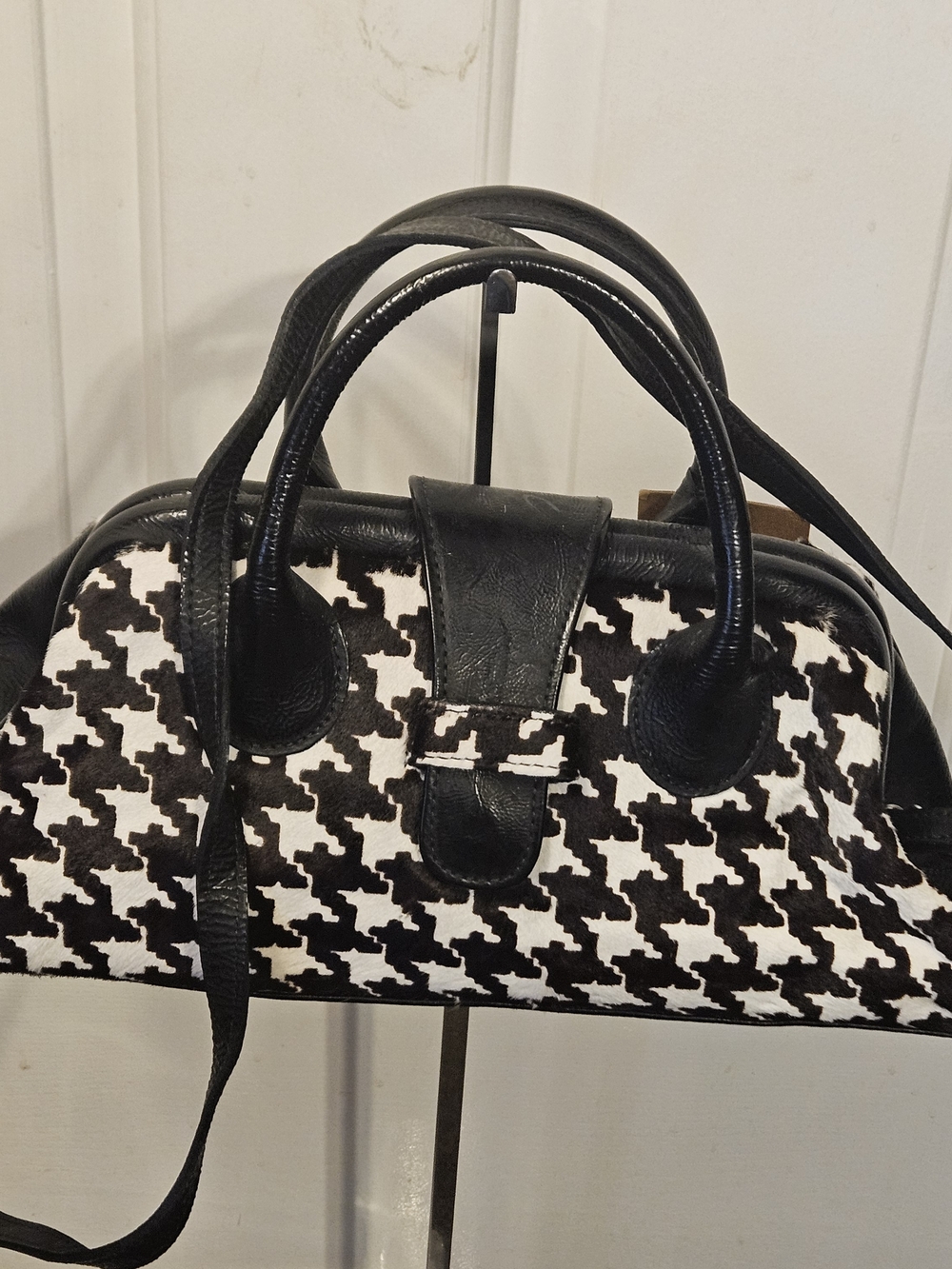Clever Carriage Calf Hair Black & White Houndstooth Satchel with Black Trim